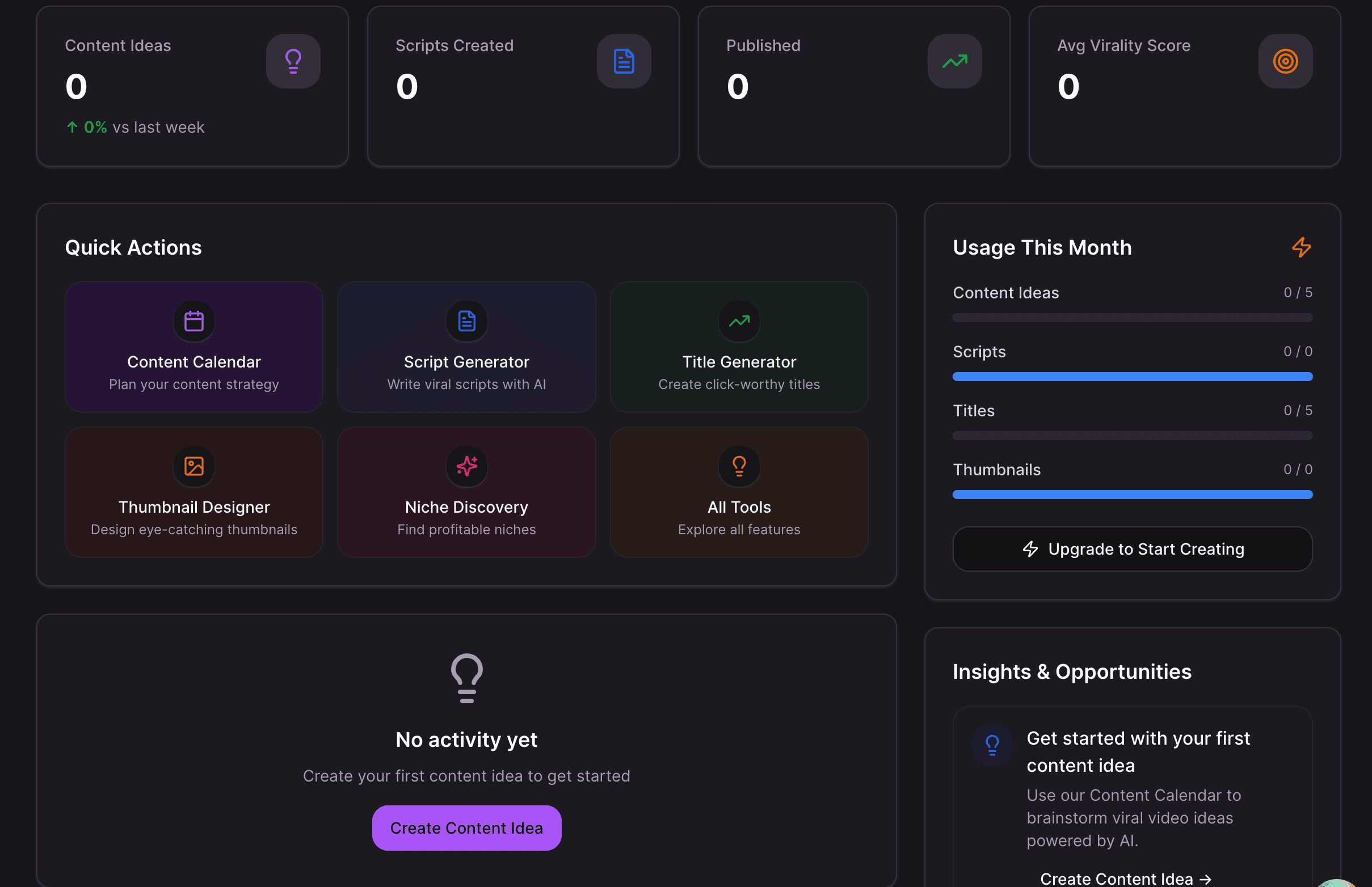 ViralSnipAI Dashboard — AI creation tools, niche discovery, script generator, and X Radar