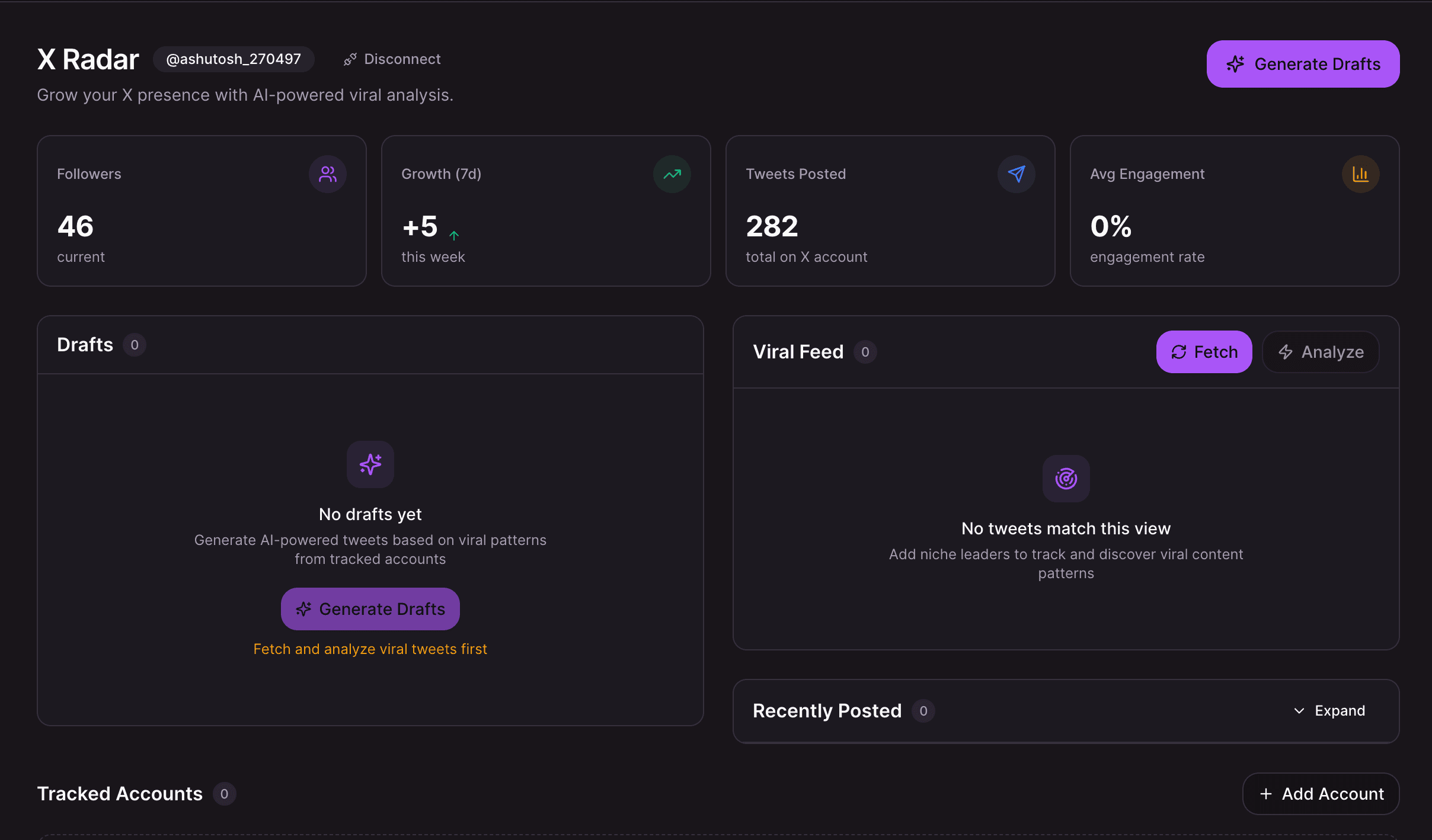ViralSnipAI X Radar — Track followers, analyze viral tweets, and generate AI-powered drafts